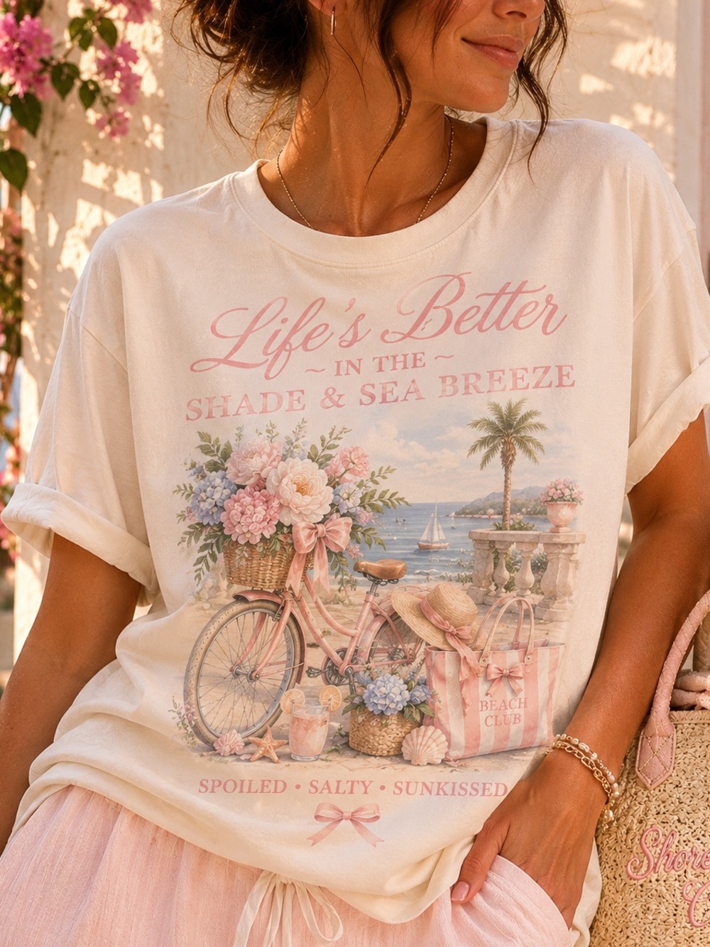 Cozy Beach Graphic Tee in Cream & Pink S-5x